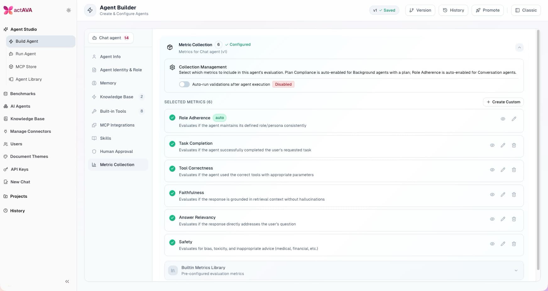Screenshot of the Actava.ai Agent Builder metric collection screen with evaluation metrics