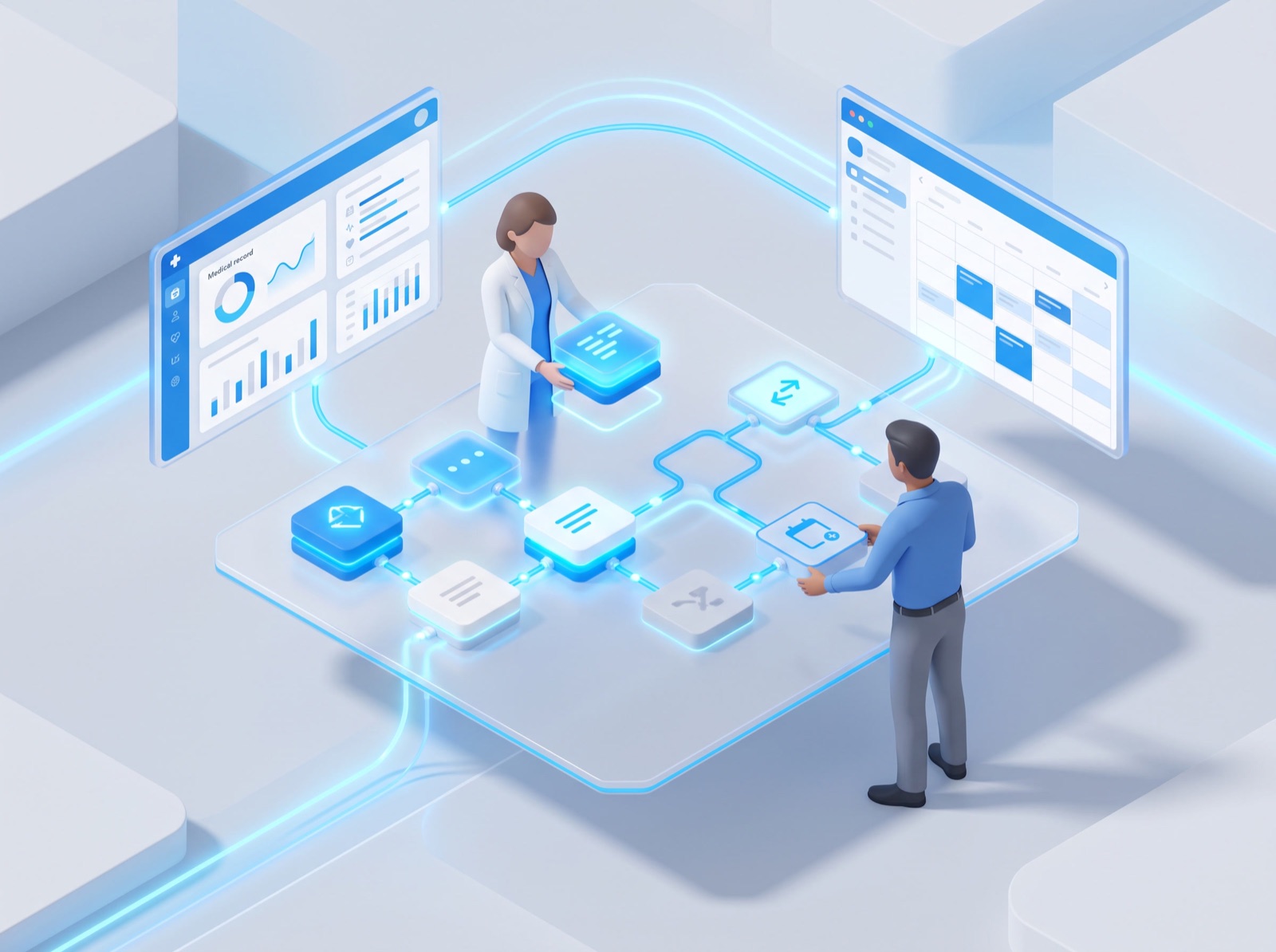 Isometric illustration of a clinician and an operations manager assembling glowing workflow blocks between medical record and scheduling screens