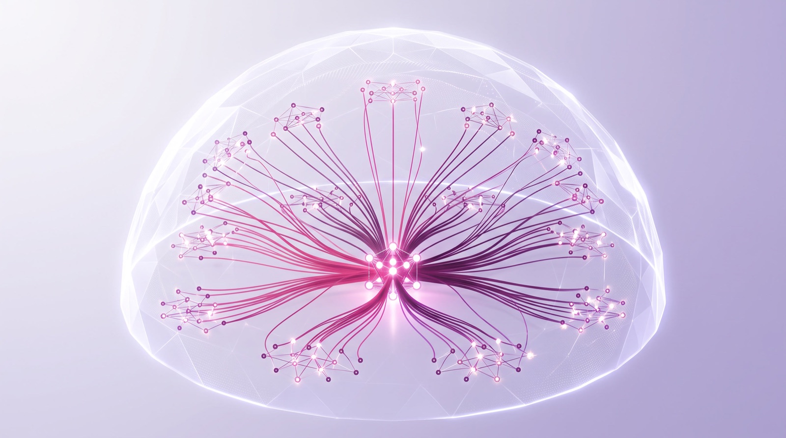 Abstract visualization of an orderly network of glowing magenta nodes protected inside a translucent dome