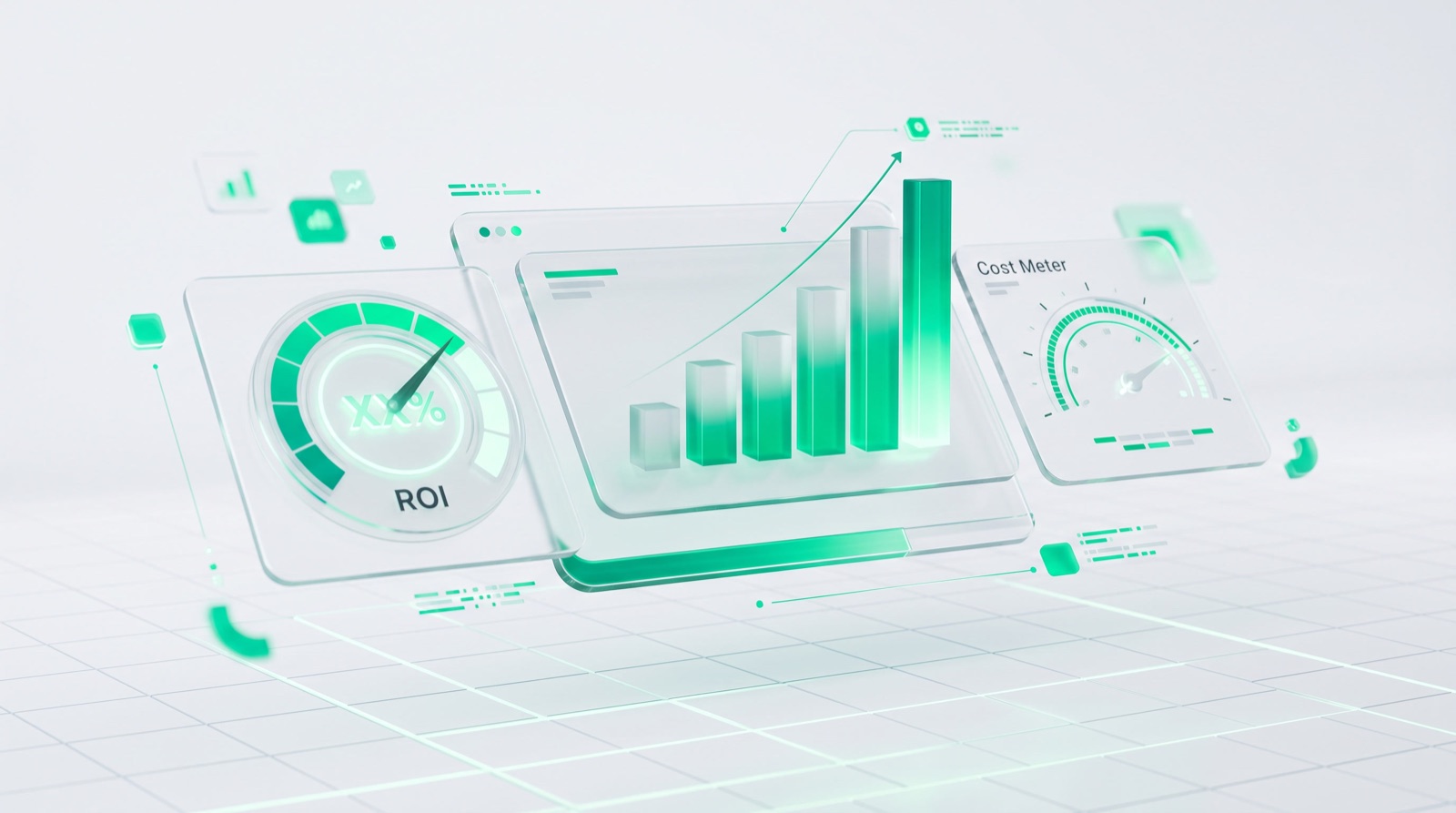Sleek render of a floating analytics dashboard with an ROI gauge, rising bar charts, and a cost meter in emerald green