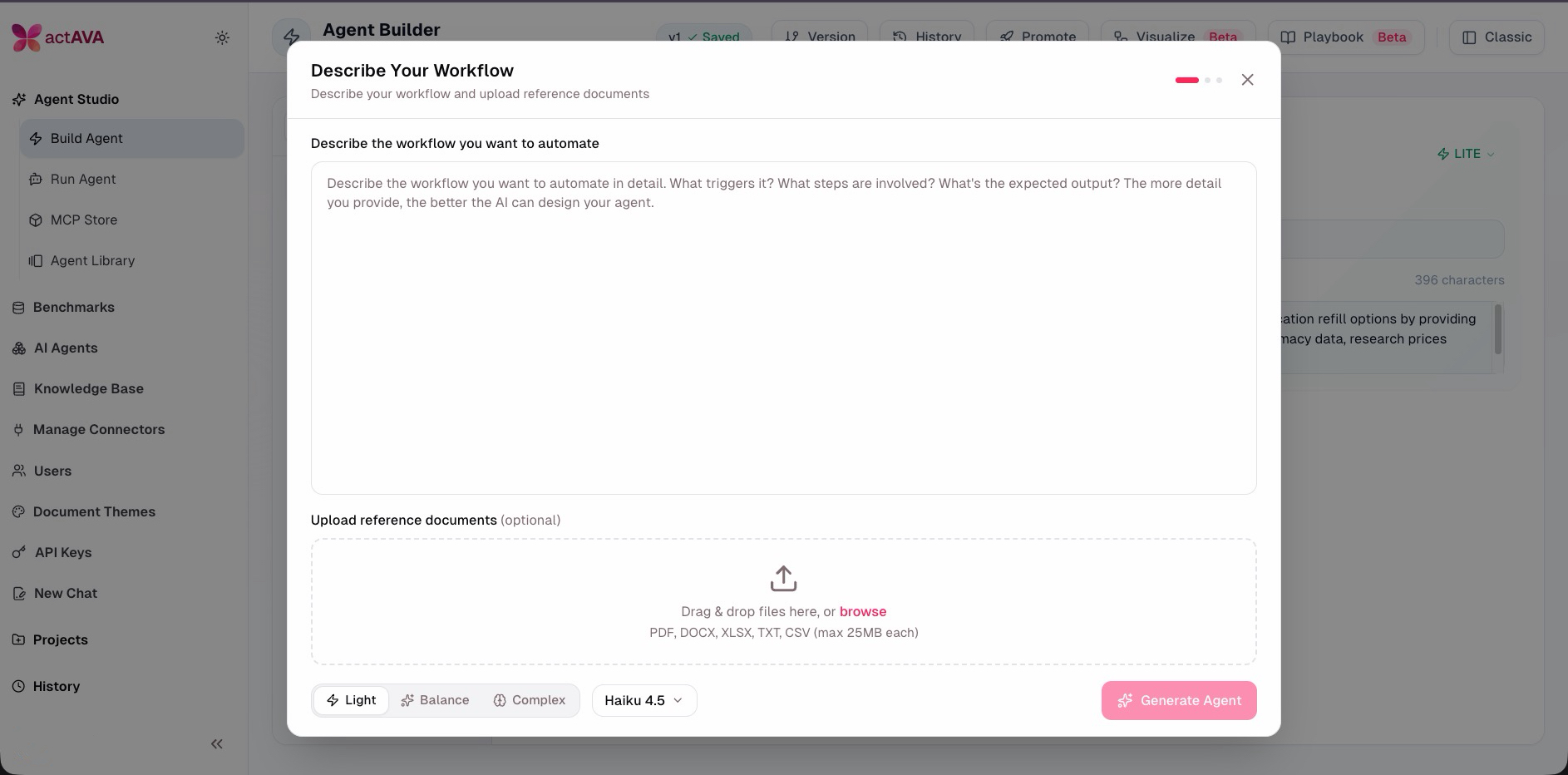 Screenshot of the actAVA Agent Builder describe-your-workflow modal