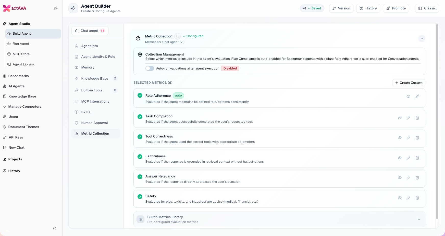 Screenshot of the actAVA Agent Builder metric collection screen with evaluation metrics